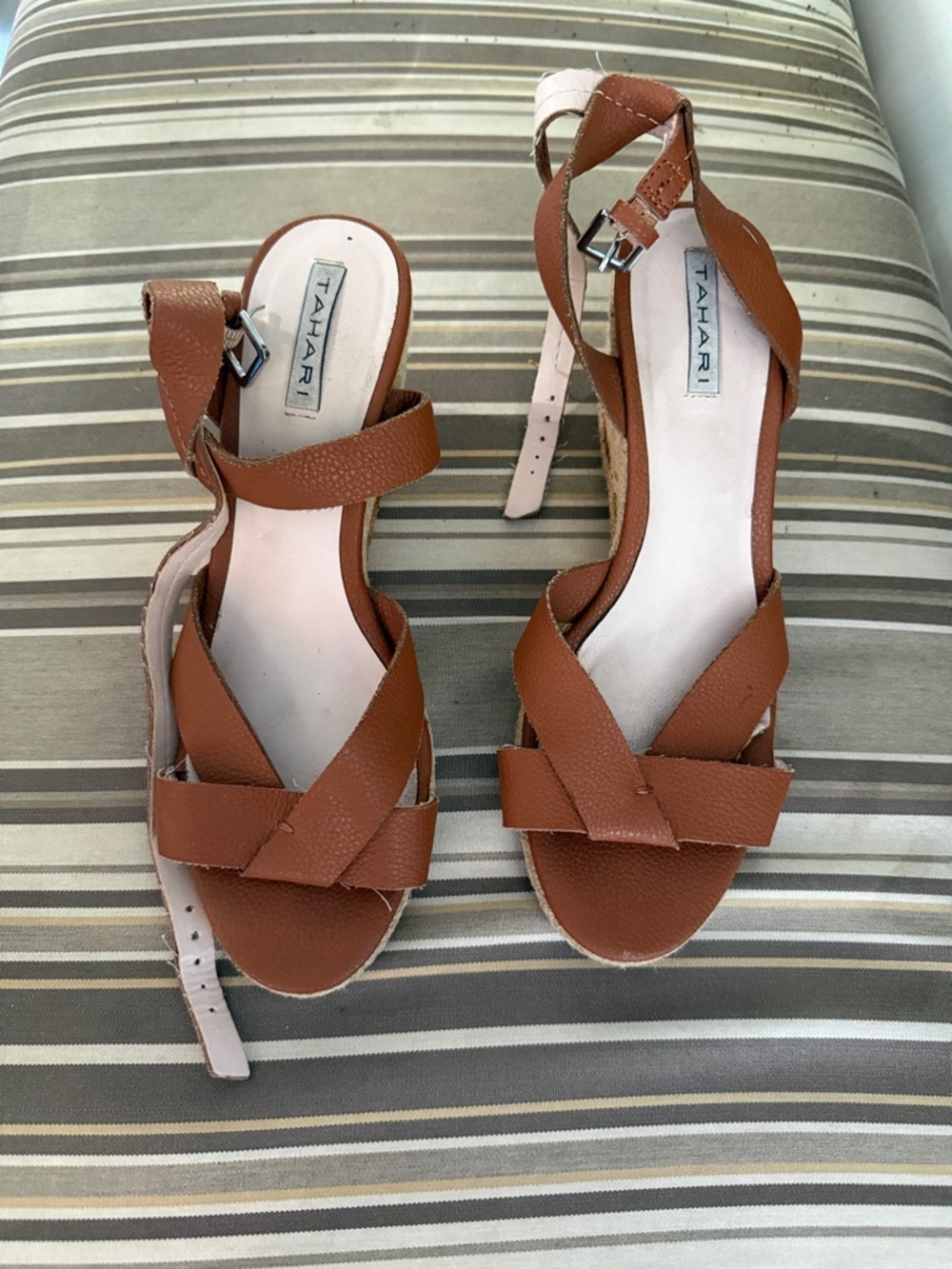 Tahari Tan Leather Crisscross Wedge Sandals